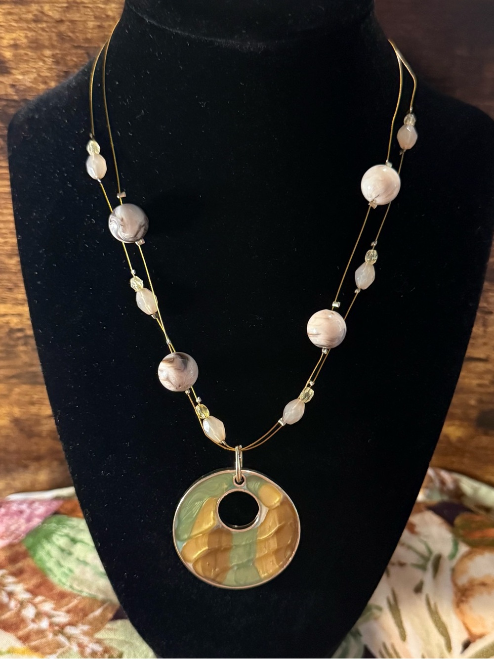 Gold-Tone Necklace with Green and Cream Enamel Disc Pendant